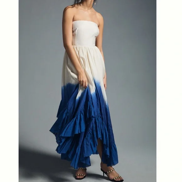 NWT Anthropologie Samant Chauhan Strapless Ombre Cotton/ Silk Pockets Maxi Dress - Picture 5 of 14